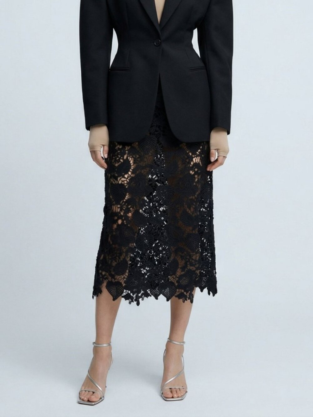 Lace Pencil Skirt Statement Black Sheer Cotton Stretch Waist